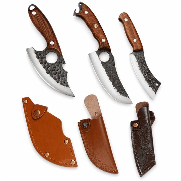 3 Piece Hand Forged Chef Knife Set, Full Tang Wood Handle Knives with Leather Sheaths for Meat BBQ