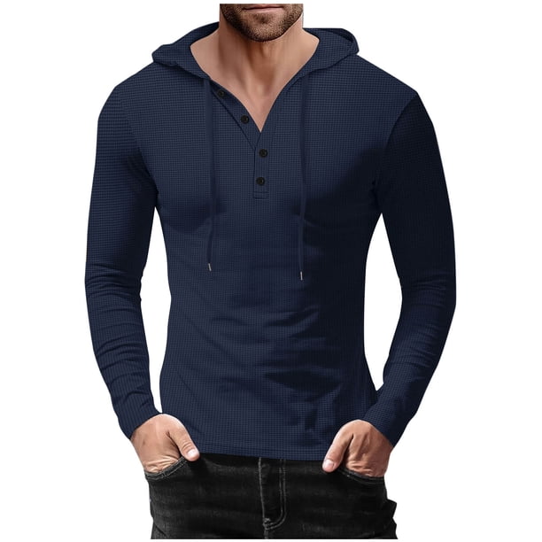 pstuiky camisas de manga larga para hombre, Blusa informal con capucha y manga larga con botones y cordón ajustable para hombre camisetas de hombre m