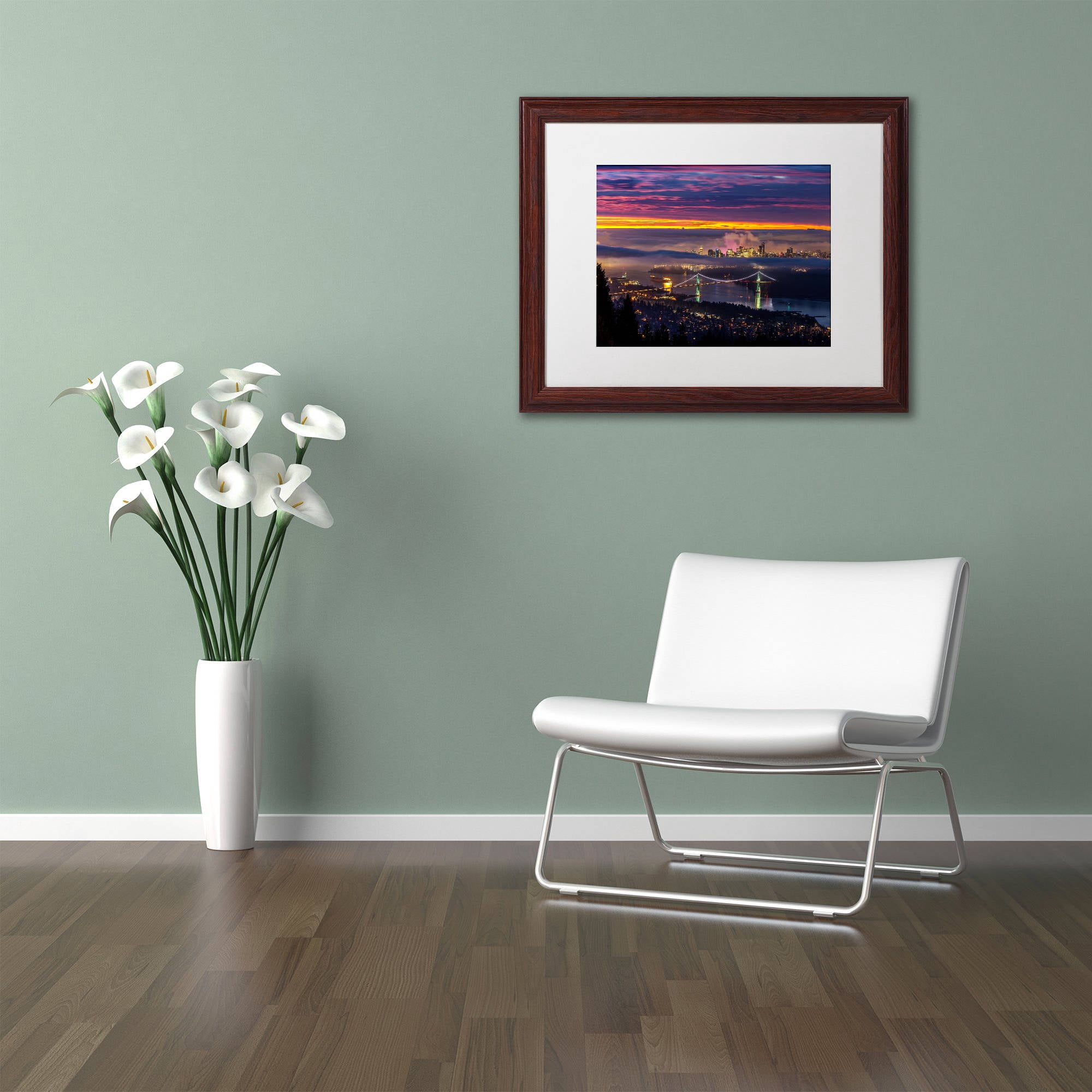 Trademark Fine Art 'West Vancouver Sunrise' Canvas Art by Pierre Leclerc, White Matte, Wood Frame