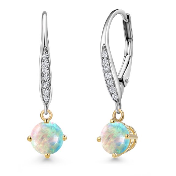 Gem Stone King 925 Silver and 10K Yellow Gold Simulated White Opal and Lab Grown Diamond Dangle Earrings for Women | 0.64 Cttw | Gemstone October Birthstone | Round Cabochon 5MM