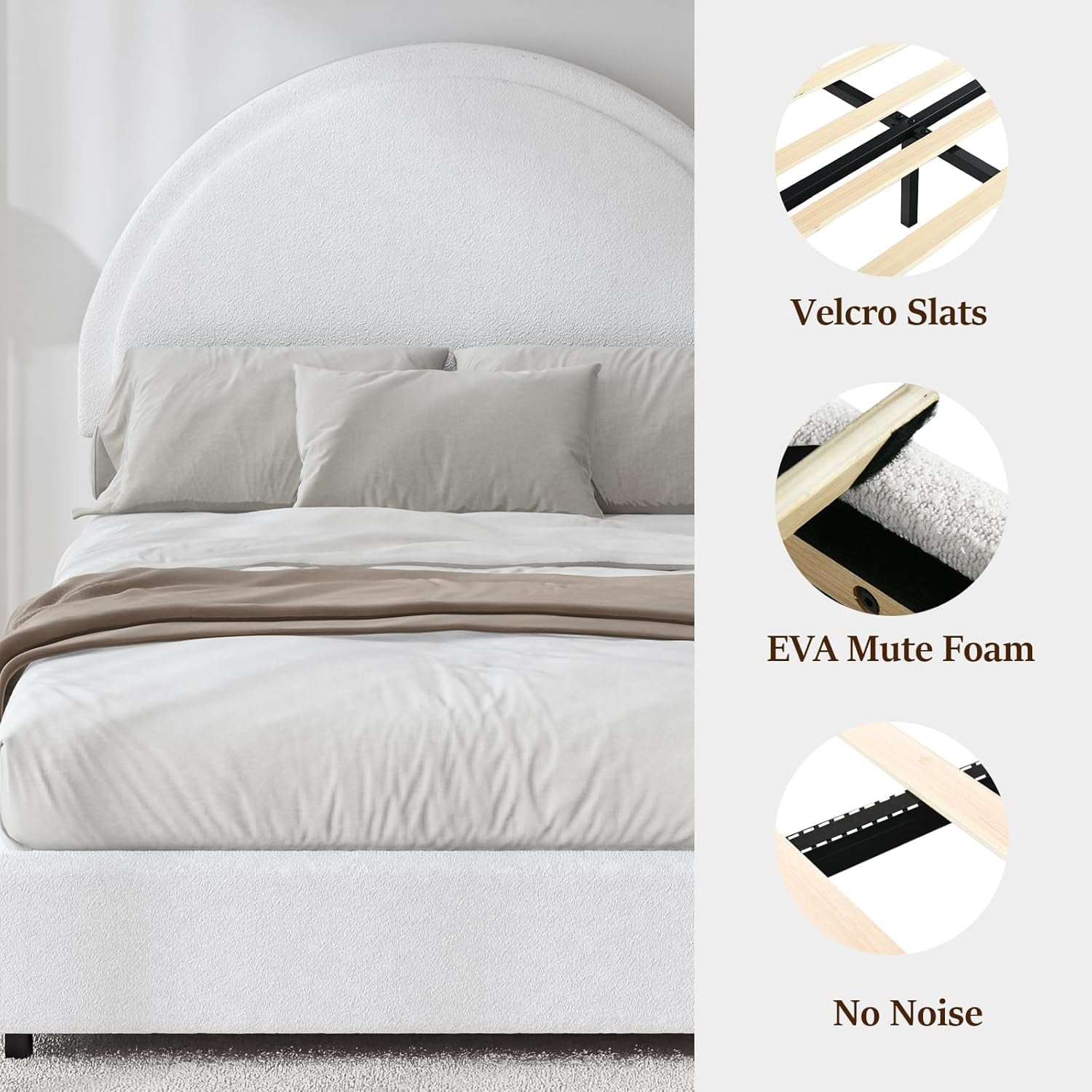 4 EVER WINNER Twin Size Bed Frame, Boucle Upholstered Bed Frame with Headboard, White Twin Bed Frame, White