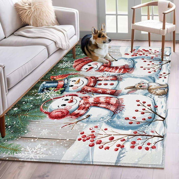 Christmas Snowman Area Rug 3x5 Washable Rug Non Slip Winter Xmas Snowflakes Cardinal Farmhouse Large Area Rug Indoor Floor Carpet for Entryway Bedroom Kitchen Living Room Office Dining Room Nursery