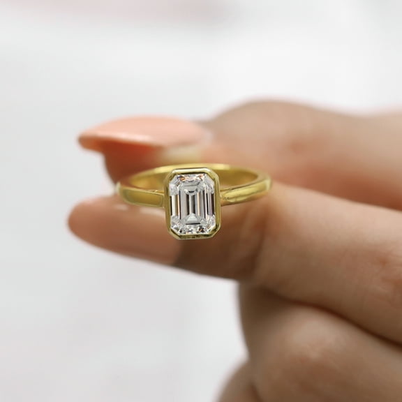 VINSON 2 Ct Emerald Cut Moissanite Engagement Ring - Bezel Set Solitaire Wedding Ring - Anniversary Gift Ring