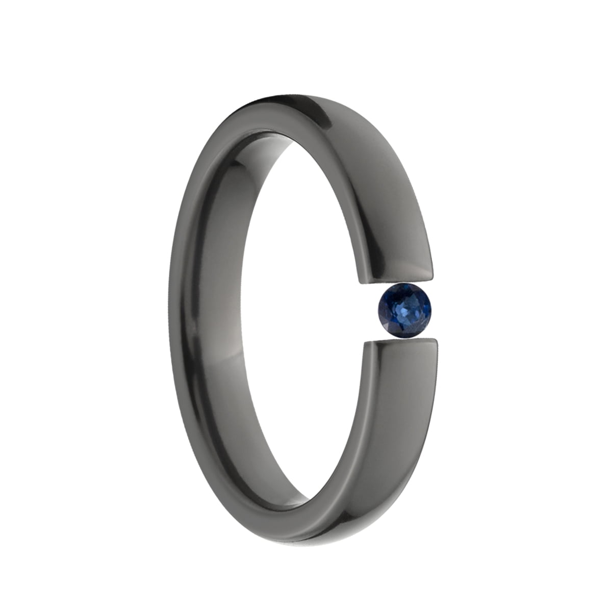 Blue Saphire 4mm Black Zirconium Tension Set Ring