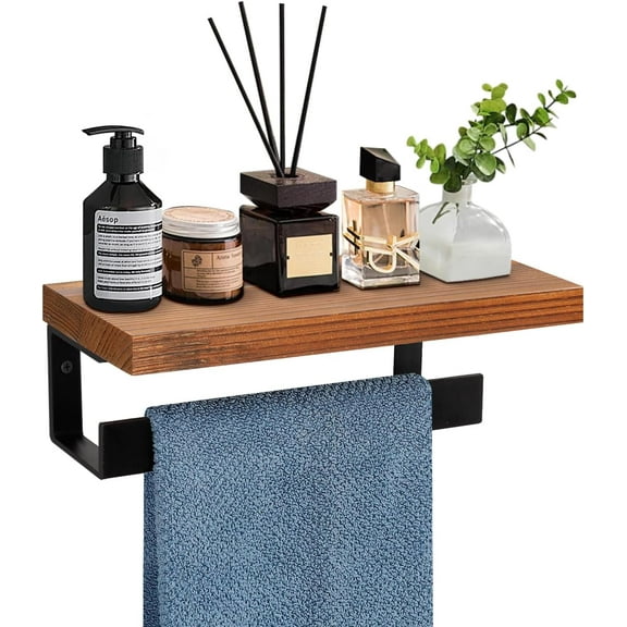 Hand Towel Holder/Towel Ring with Wooden Shelf, Premium Metal Hand Towel Rack, Hand Towel Hanger for Bathroom, Bath Accessories Wall Mounted (Matte Black, 9 Inch)