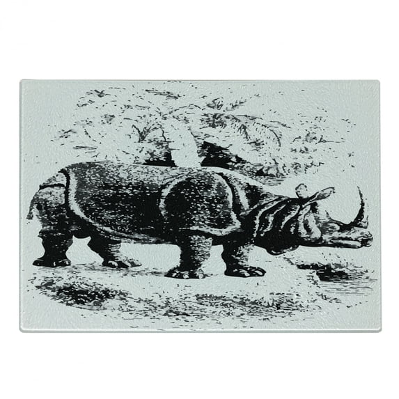 Rhinoceros Cutting Board, Vintage Zoology Engraving Monochrome Mammal with Horns Pattern, Decorative Tempered Glass Cutting and Serving Board, in 3 Sizes, by Ambesonne