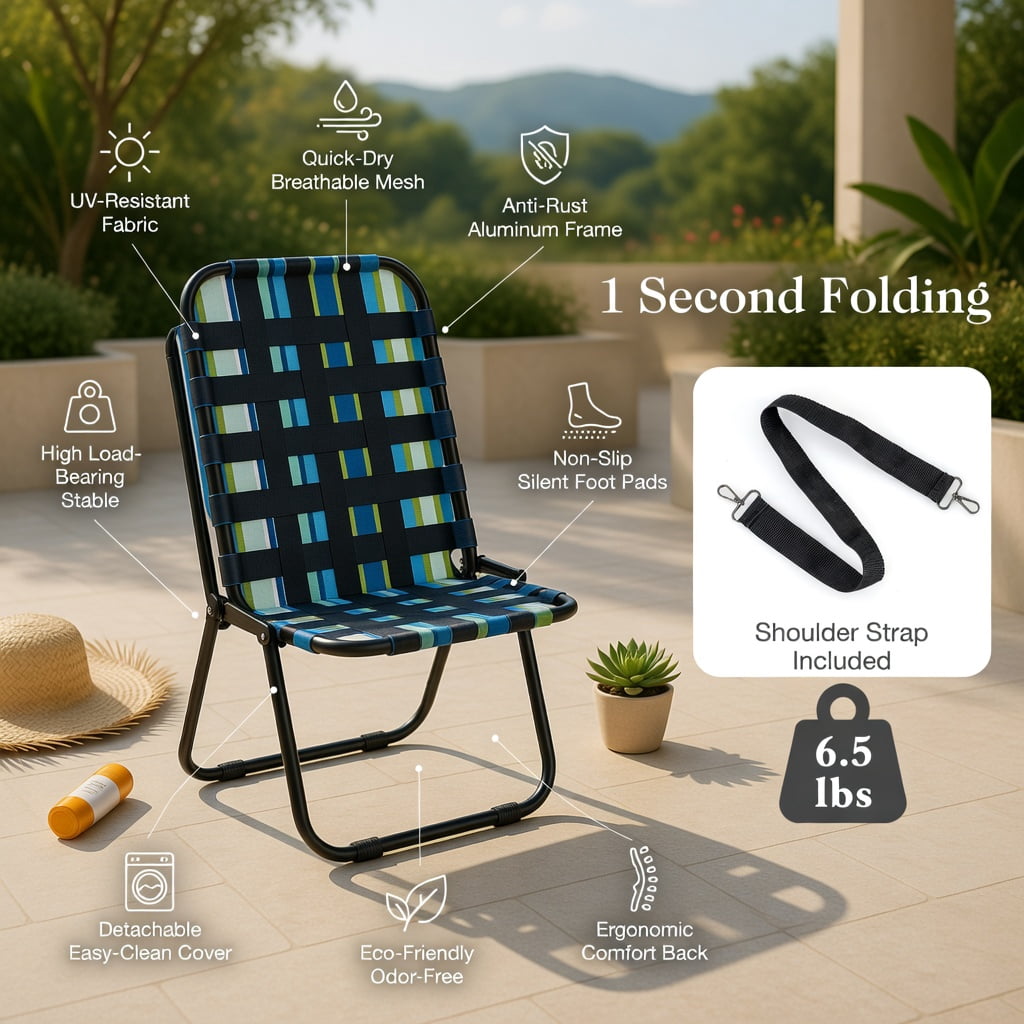 Hommoo 2-Pack Lightweight Low-Profile Folding Beach Chairs for Adults, Aluminum Frame, Quick-Dry Cushioned Seats, Portable & Rustproof, Navy