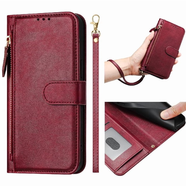 Étui Portefeuille pour Blackview Wave 8C avec Poche à Fermeture Éclair, Porte-Cartes, Support, Dragonne, Étui à Rabat en Cuir Rouge