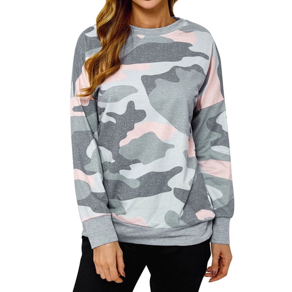 67 Women Long Sleeve Round Neck Camouflage Print Loose Street Fashion Pullover Sweatshirt