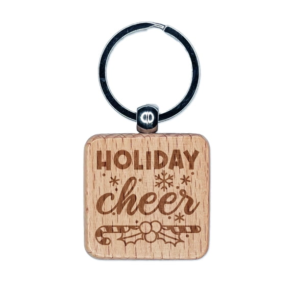 Christmas Holiday Cheer Candy Cane and Holly Square Keychain Charm Tag - Engraved Wood