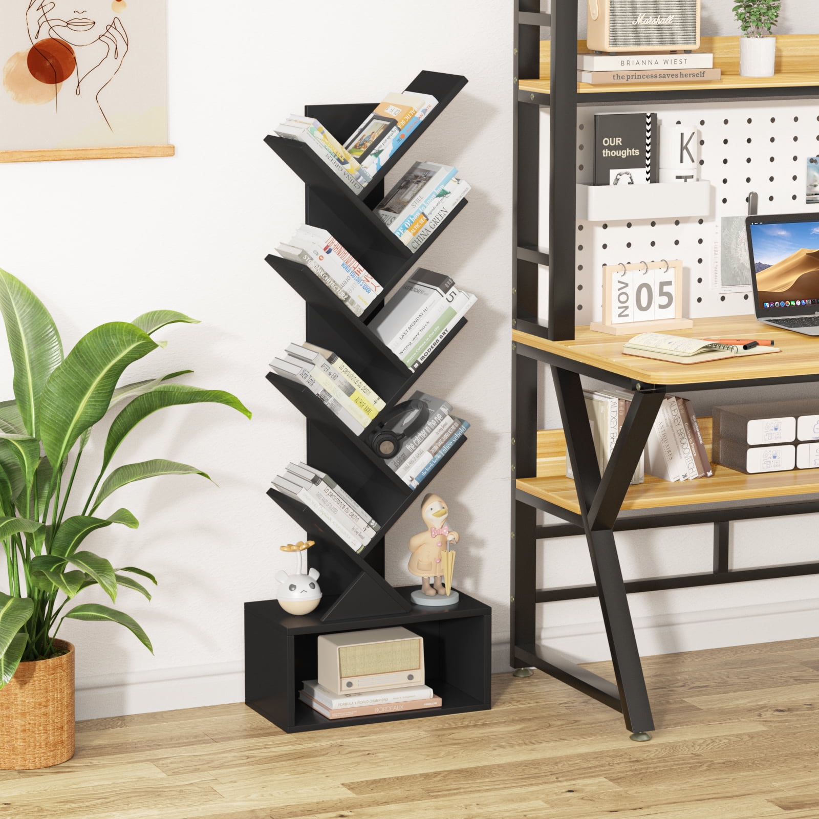 Modern Tree Bookshelf 8 Tier Zigzag Bookcase with Drawer, Vertical Storage Shelf for Books & Décor, Space-Saving Design, Black