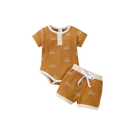 

Franhais Baby Romper Set Rib Knit Sun Print Crew Neck Short Sleeve Jumpsuit + Drawstring High Waist Shorts Set