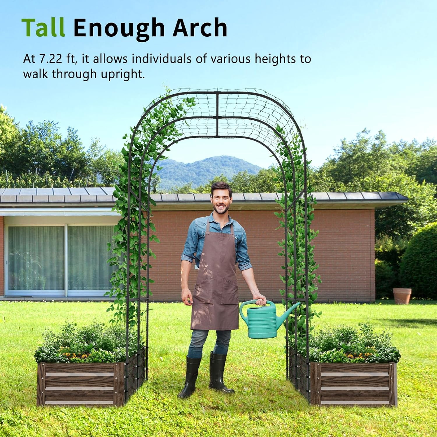Slsy Galvanized Raised Garden Bed with 87in Tall Garden Trellis Metal Plant Support Trellis Archway for Vegetables Flowers Herbs,Wood Grain