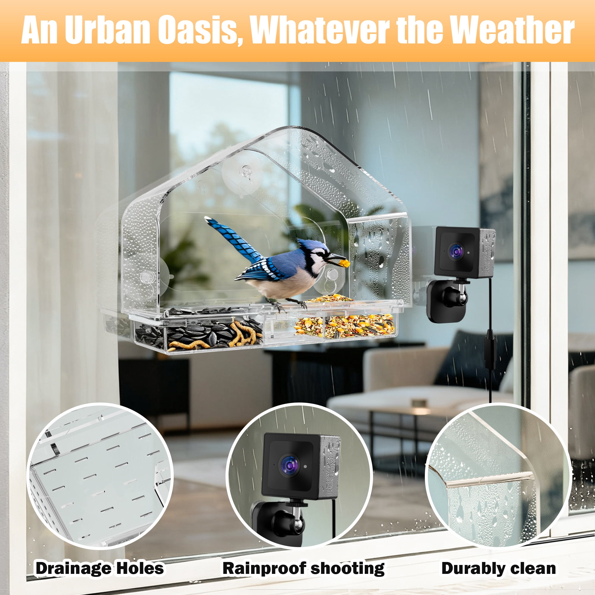 Coolfly x Freeseason Smart Window Bird Feeder with 2K HD Camera, Suction Cup Mount for Apartments, Anti-Glare Video with AI Species ID & No Monthly Fees - Charming House Shape
