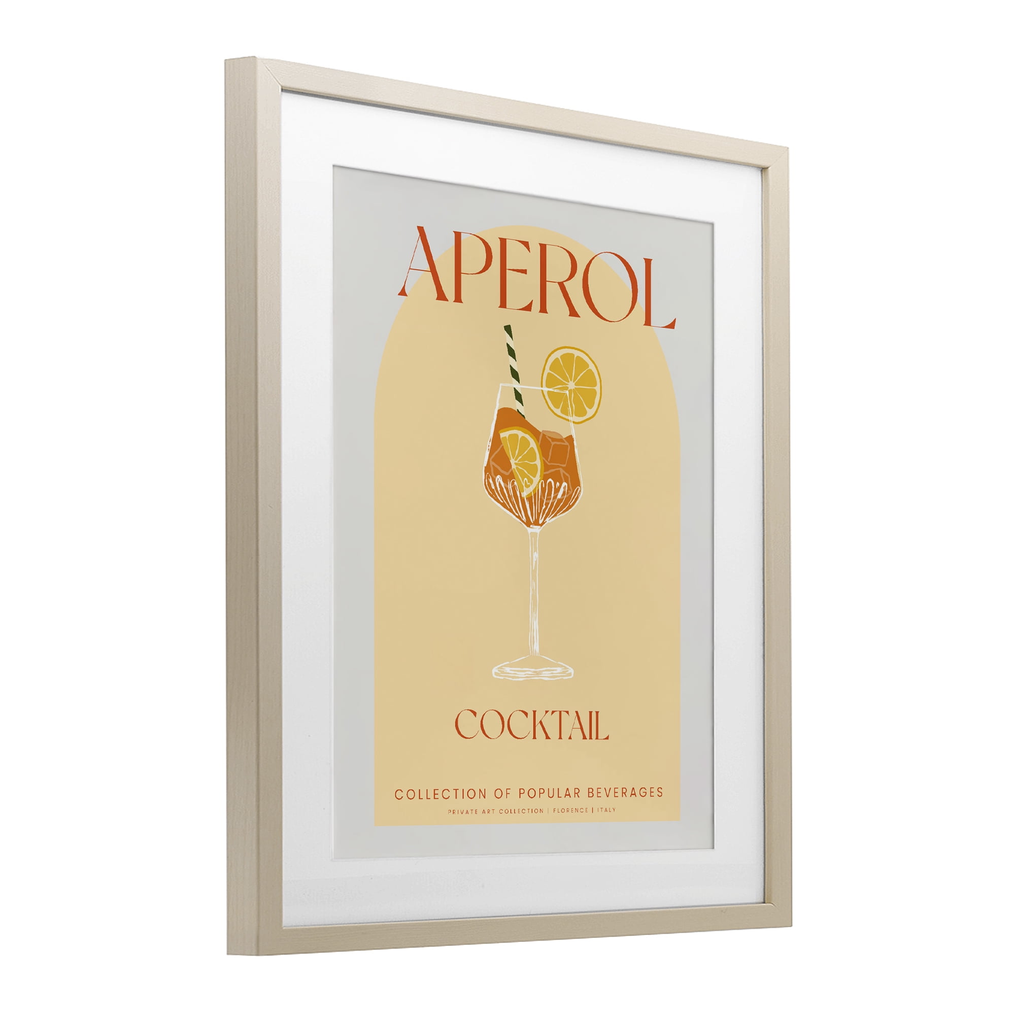 Stylish Retro Aperol Cocktail Birch Framed Print Under Glass, design by Lil' Rue