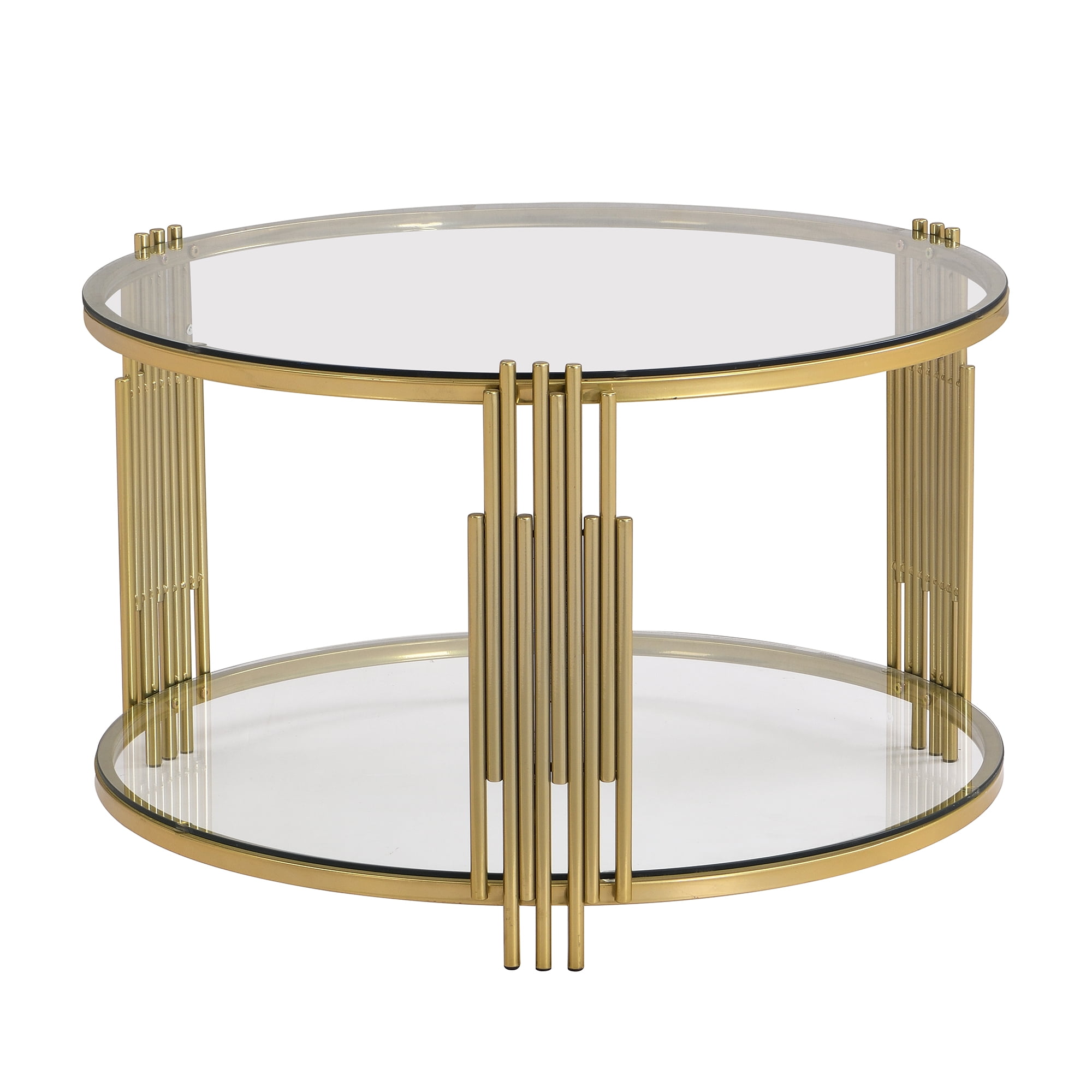 Aukfa Modern Round Tempered Glass Coffee Table, 2-Tier Center Table with Golden Metal Frame for Living Room, Transparent