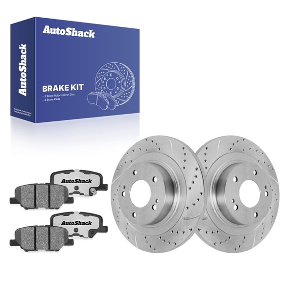 AutoShack Rear Solid Drilled & Slotted Silver Zinc Coated Brake Rotors   Ceramic Pads 6-PC Brake Kit Replacement for 2013-2025 Mitsubishi Outlander Sport SilverShield Pro 11.89" (302 mm)
