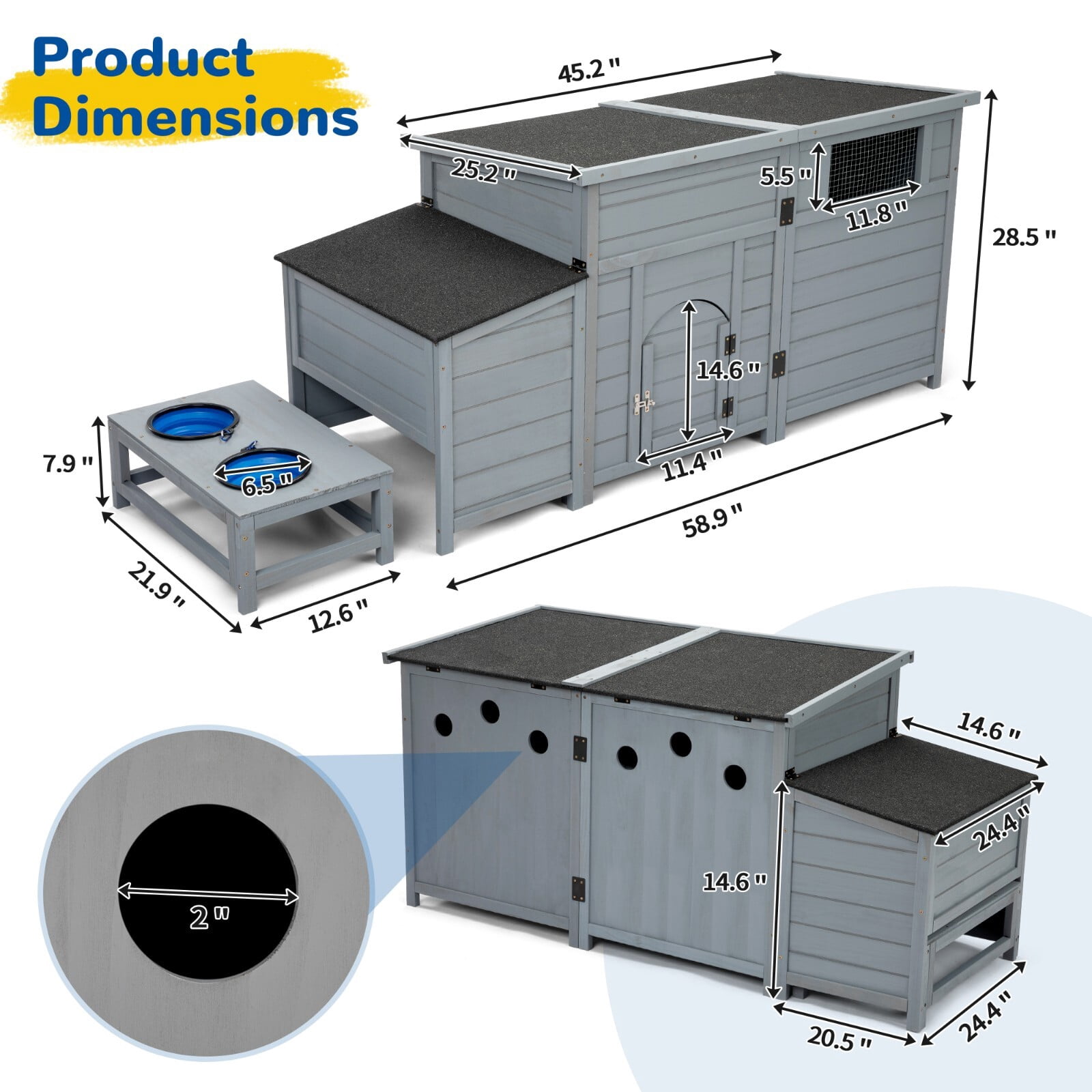 Anwickjeff Dog House Wooden Outdoor Dog Kennel with Food Bowls and an Open Roof