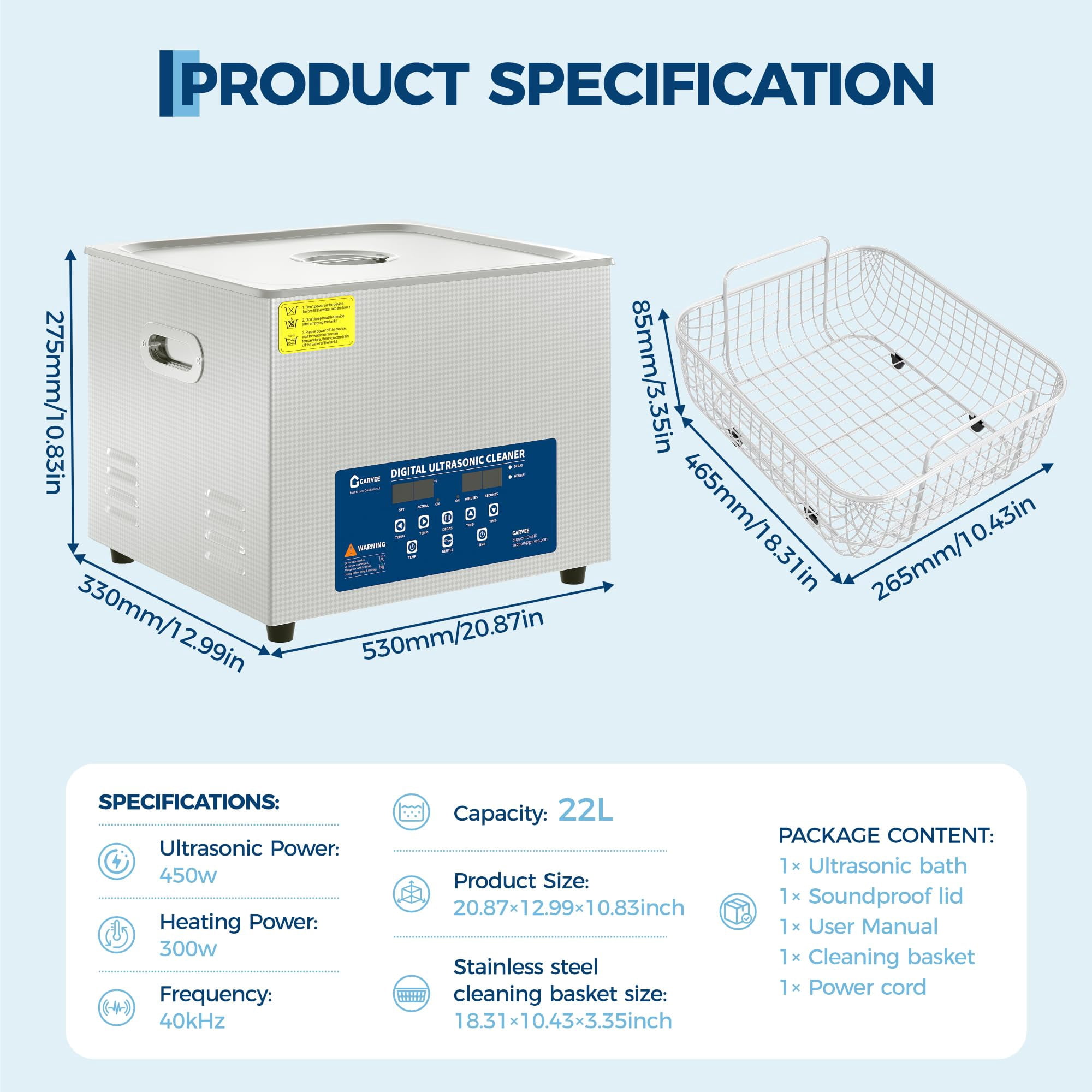 22L Ultrasonic Cleaner with Heated Function, Digital Timer & Stainless Steel Tank, Commercial Ultrasonic Cleaning Machine for Auto Parts, Industrial Components, Jewelry, Glasses