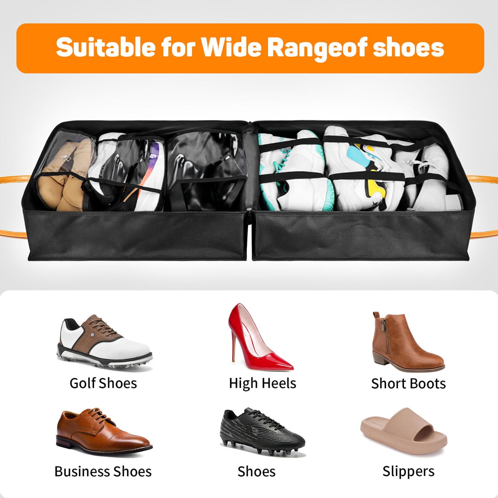 Shoe with PVC Compartments for 6 Pairs, Zippered Pockets, Travel Bag