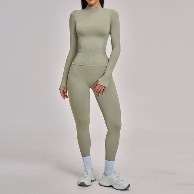 Top-kevin 2 Piece Seamless Ribbed Workout Sets With Zip Up Jacket High Waisted Gym Yoga Leggings