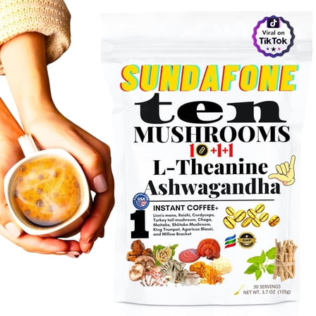 Mushroom Coffee with L-Theanine, Ashwagandha, Lion's Mane, Reishi for Focus, Immunity, Memory, Clarity, 12 Adaptogenic Instant Coffee
