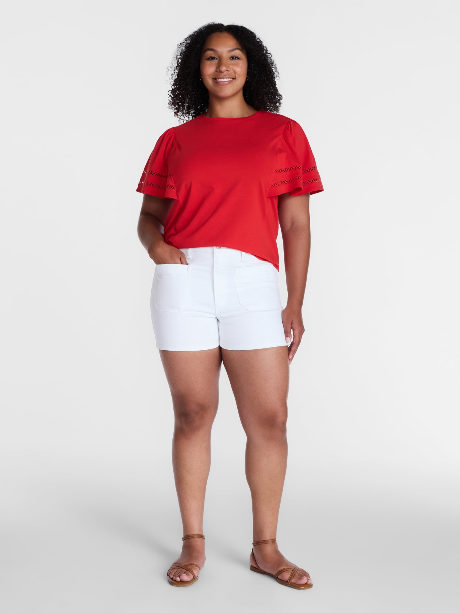 Time and Tru Women's High Rise Patch Pocket Denim Shorts, 4" Inseam, Sizes 0-20