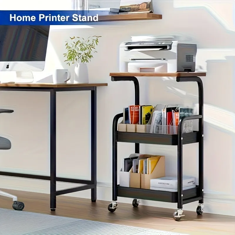 3-Tier Rolling Metal Utility Cart with Wooden Desktop, Lockable Wheels, Multifunctional Storage Rack & Printer Stand for Kitchen Office Bedroom Living Room