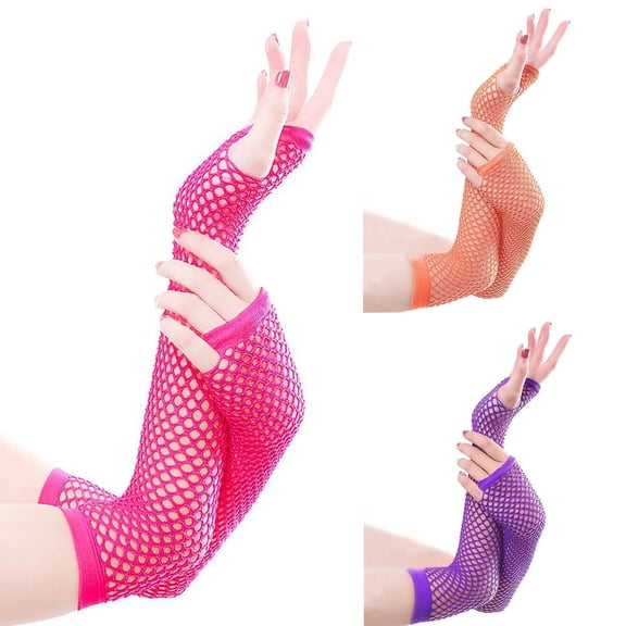 Fingerless Gloves Helii Long Mesh Hot Pink Fingerless Gloves for Women Bright Colors Elastic Fish Net Elbow Length Half Finger for Party 80s Scene Accessories,Under $5