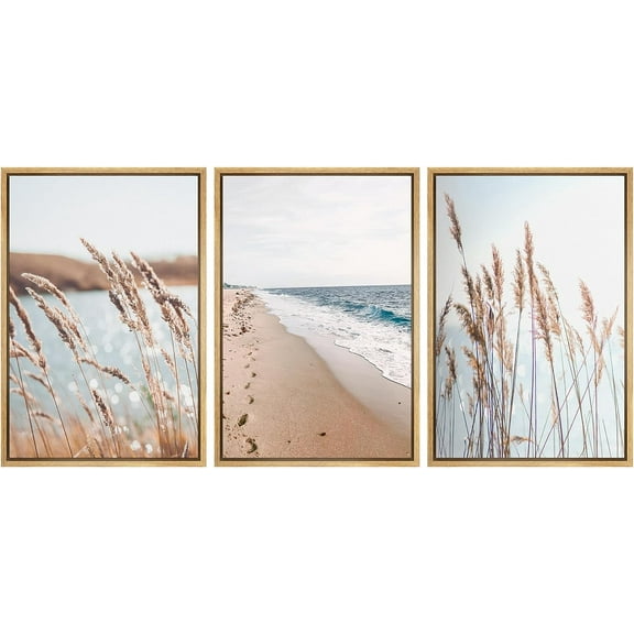 PixonSign Framed Canvas White Beach Grass Cloudy Ocean Sea Wave Horizon Landscape Prints Nature Wilderness Photography Modern Decorative Rustic Calm/Relax - 16"x24"x3 Natural