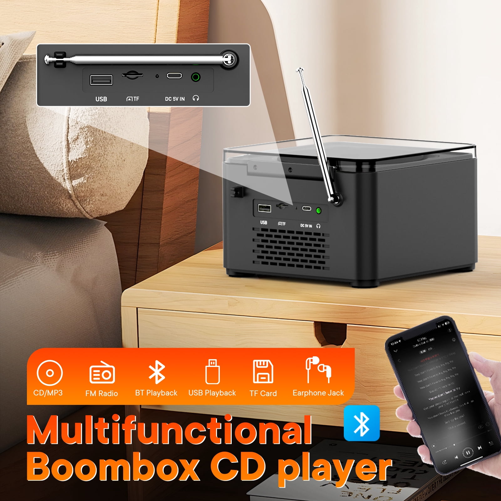 Kuephom Portable CD Player with Radio FM,Rechargeable CD Player with Speakers and headphones,Boombox CD Player Bluetooth with USB/MP3,use friendly for elderly and  teenager,charger included