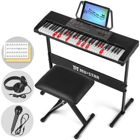 MUSTAR Portable 61 Keys Electric Lighted Up Piano Keyboard for Beginner with Bench,Stand,Headphone,Microphone,Note Sticker,Built-in Speaker(Black)