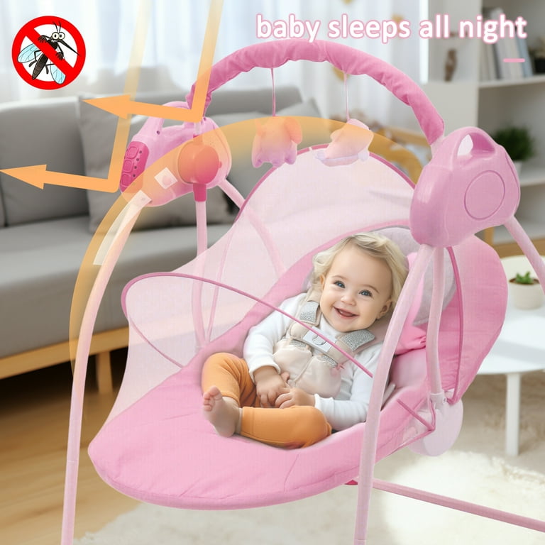 MEISHAONV Baby Rocking Chairs Pink Portable Swing for Infants Girls  Electric Bluetooth Remote Control Baby Bouncer