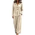thumbnail image 2 of sdhkgrrt Women Plus Size 2 Piece Lounge Set Collared Long Sleeve Shirt Wide Leg Pants Solid Loose Boho Tracksuit Fall Winter Outfits, Beige XL, 2 of 8