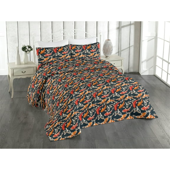 Ambesonne Koi Fish Quilted Bedspread Set 3 Pcs, Japanese Carp Peaceful Art, King, Dark Petrol Blue and Orange