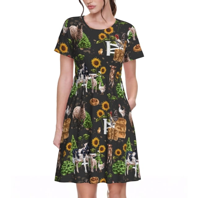 Disketp Farm Animals 2 para Vestido de Manga Corta para Mujeres, Vestidos de Verano para Mujeres, Casual y Holgado para la Playa