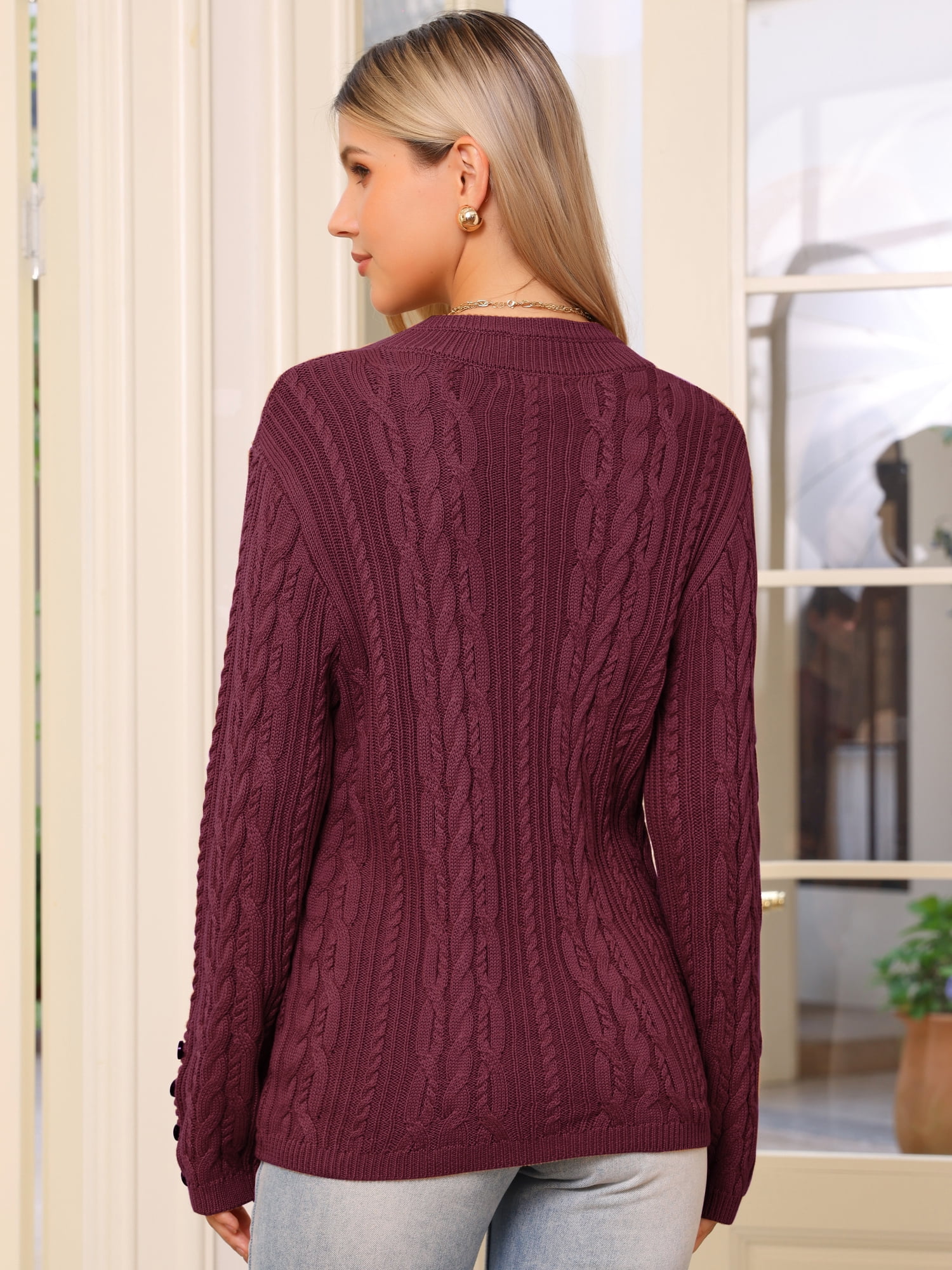 DARING DIVA Women's Cable Knit Open Front Button Up Cardigan Sweaters M Dark Red
