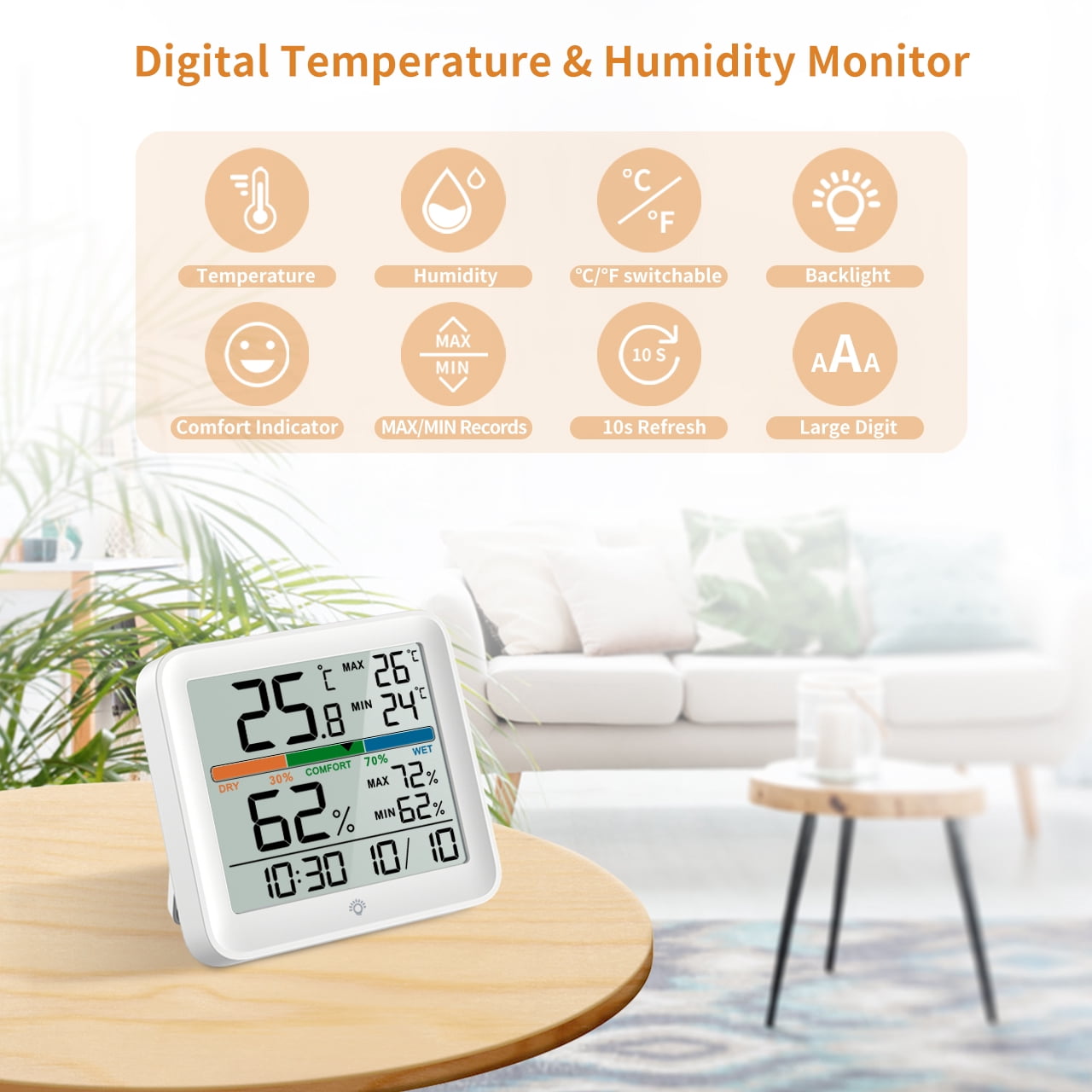 VOCOO Digital Indoor Thermometer Hygrometer, Accurate with Calibration, Backlight, Air Comfort Indicator, 24H Max Min Records, Time, Date