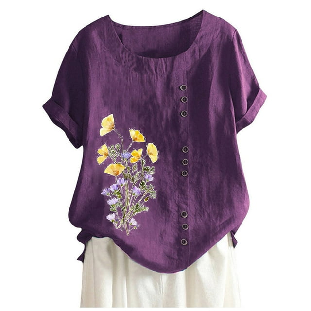 Camiseta Casual de Manga Corta con Botón de Cuello Redondo de las Mujeres, Tops Cortos para las Mujeres