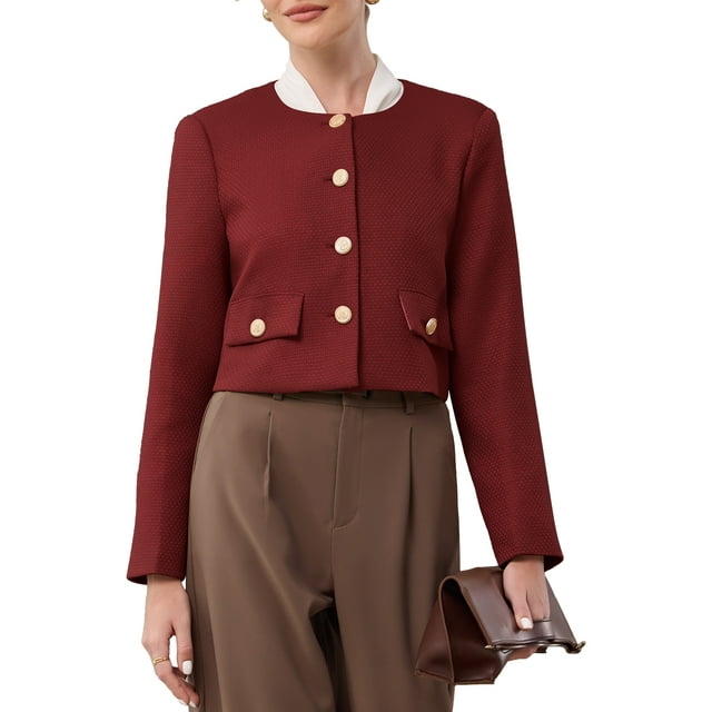 INSPIRE CHIC Veste Courte en Tweed pour Femmes Sans Col Boutonnée Manches Longues Blazer Court de Travail Bureau L Rouge Foncé