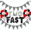 Two Fast Birthday Decorations, Race Car Birthday Decorations, 2nd Second Birthday Party Supplies for Boy Girl Kids, Let’s Go Racing Chequered Checkered Black and White Pennant Banner Flags