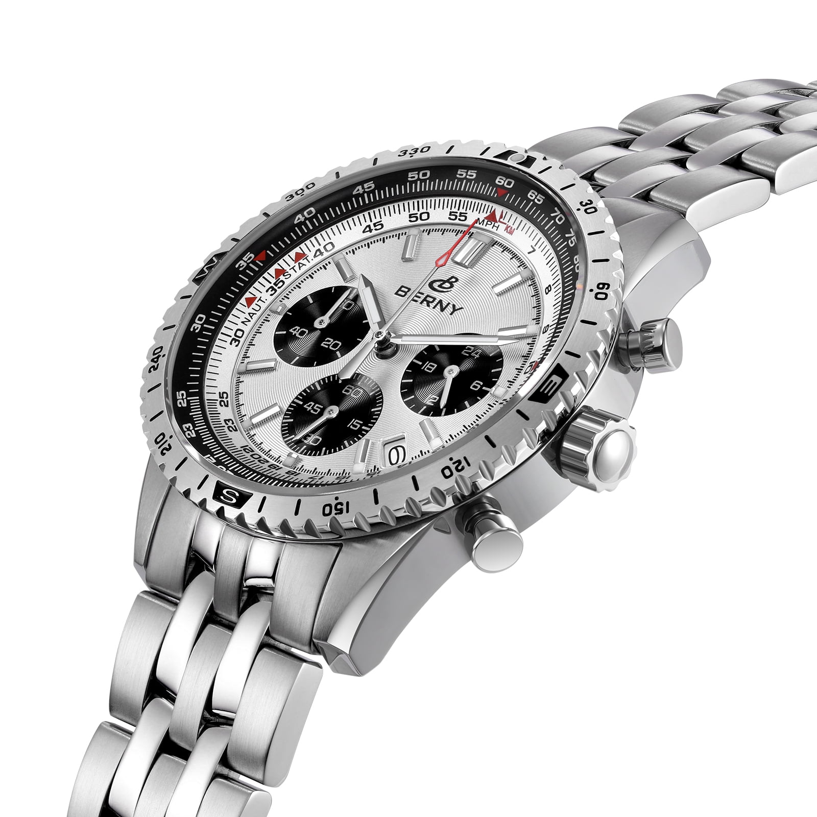 BERNY Silver Chronograph Watches for Men, Sport Luxury Analog Quartz Watch with Tachymeter, Stainless Steel, Waterproof, Luminous, Sapphire Crystal, Date Calender, Men's Wristwatch (White)