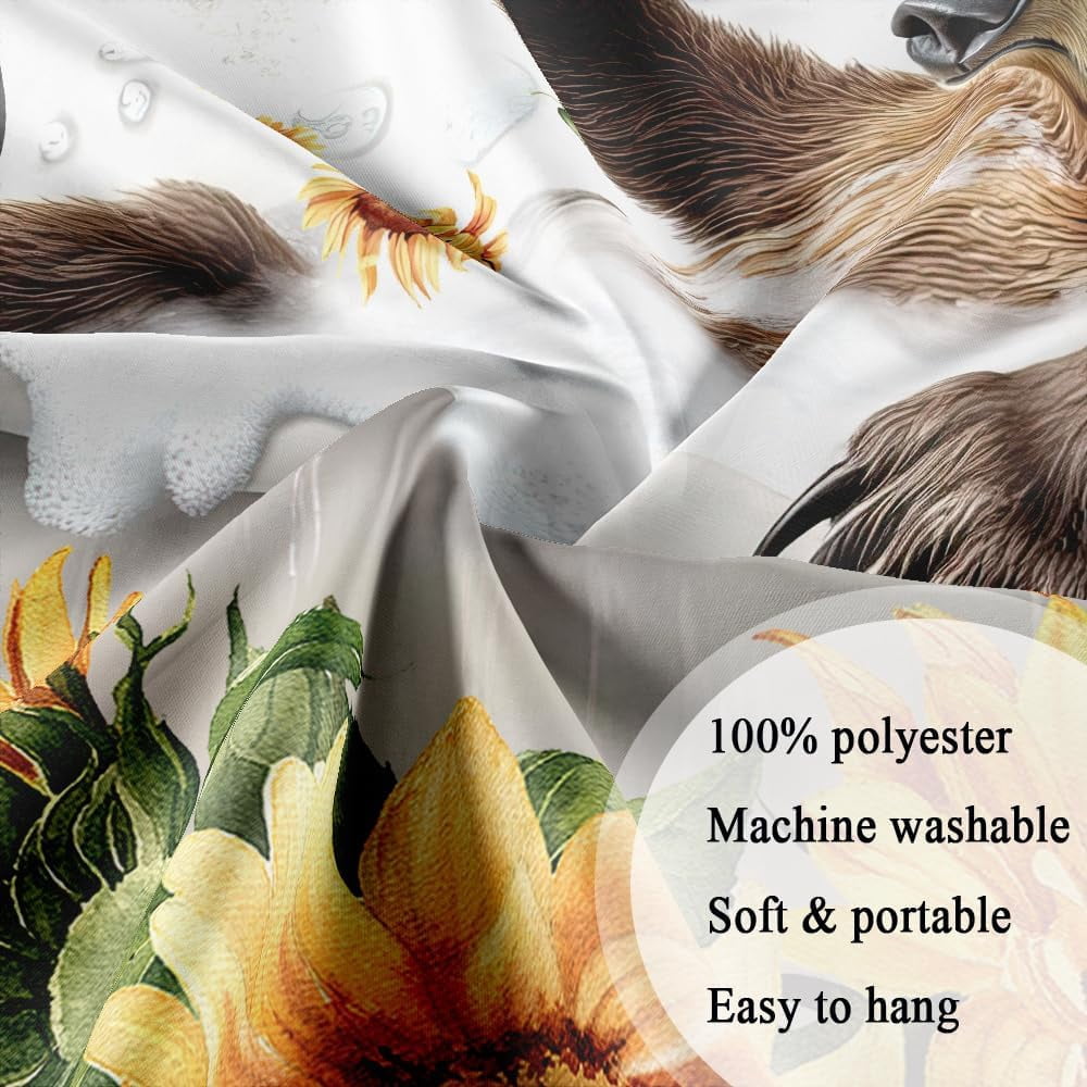 Funny Bear Shower Curtain Set, Brown Bear Animal Sunflower Flower Plant Bathtub Bathroom Shower Curtain,Polyester Fabric with Plastic Hooks, 72X72in