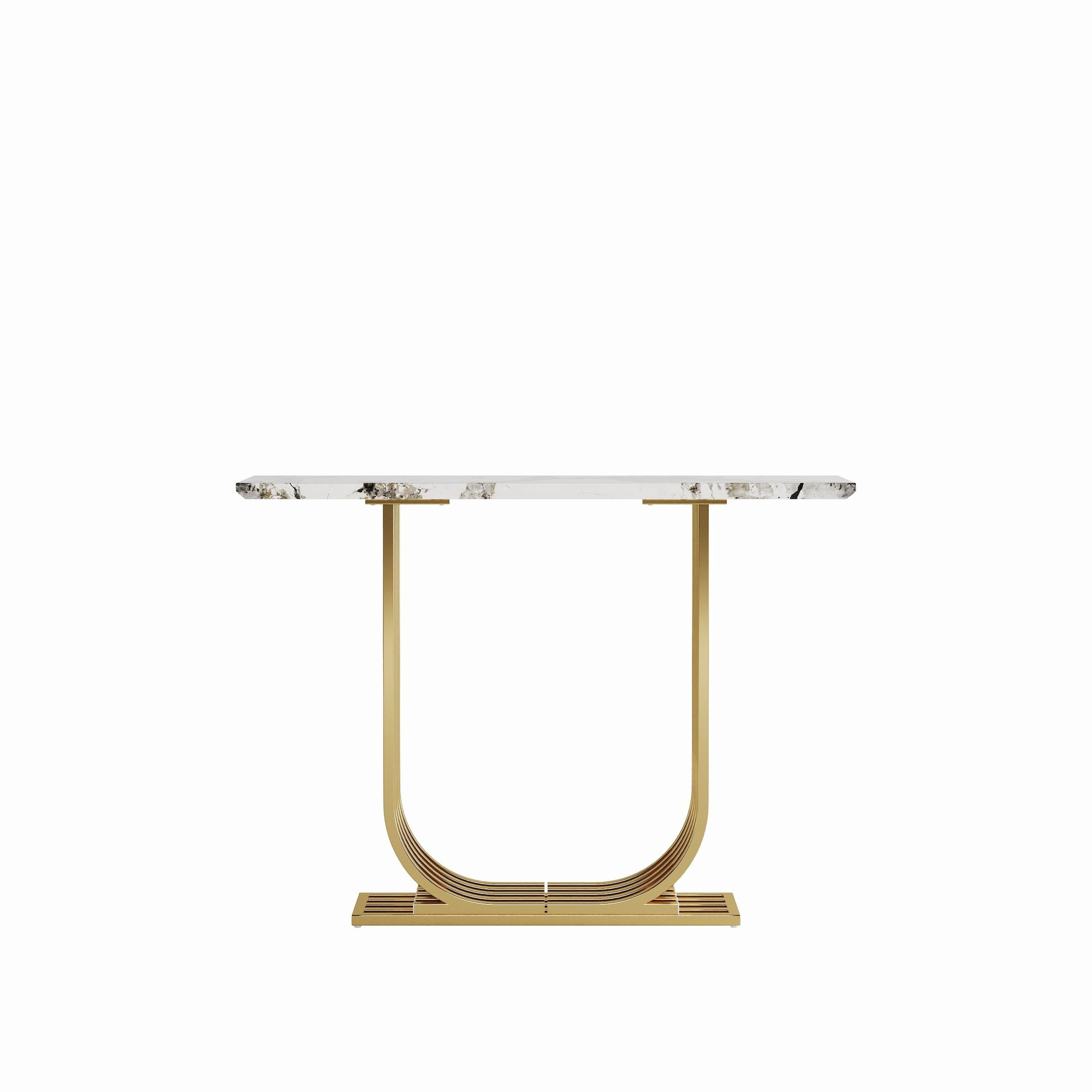 Noble House Nerwin 43.3" Modern Faux Marble Console Table with Gold U-Shaped Metal Frame, White & Gold