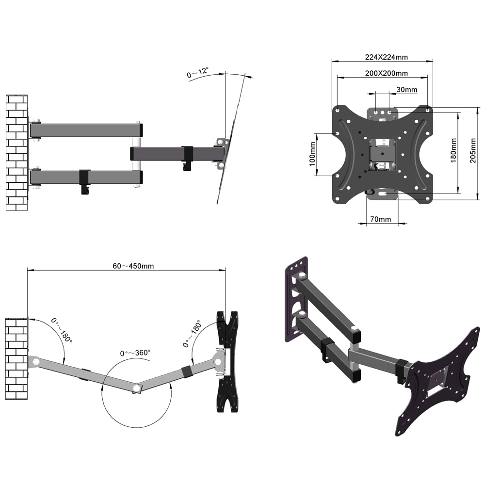 Adjustable Wall Mount Bracket, Rotatable TV Stand with Spirit Fit for 26''-55" TVs Black