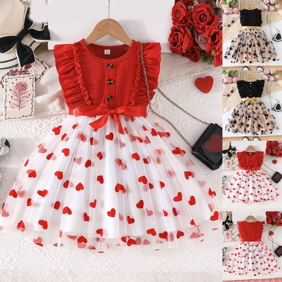 CAIXIA Girl Dress Up Valentine's Day Girls Floral Print Ruffle Puff Sleeve Dress with Waist Tie Cute Party Dress for Toddler Kids