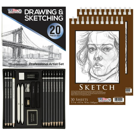 20 Piece Artist Sketch Set in Hard Storage Case - Sketch & Charcoal Pencils, Bonus Pack of 2-5.5