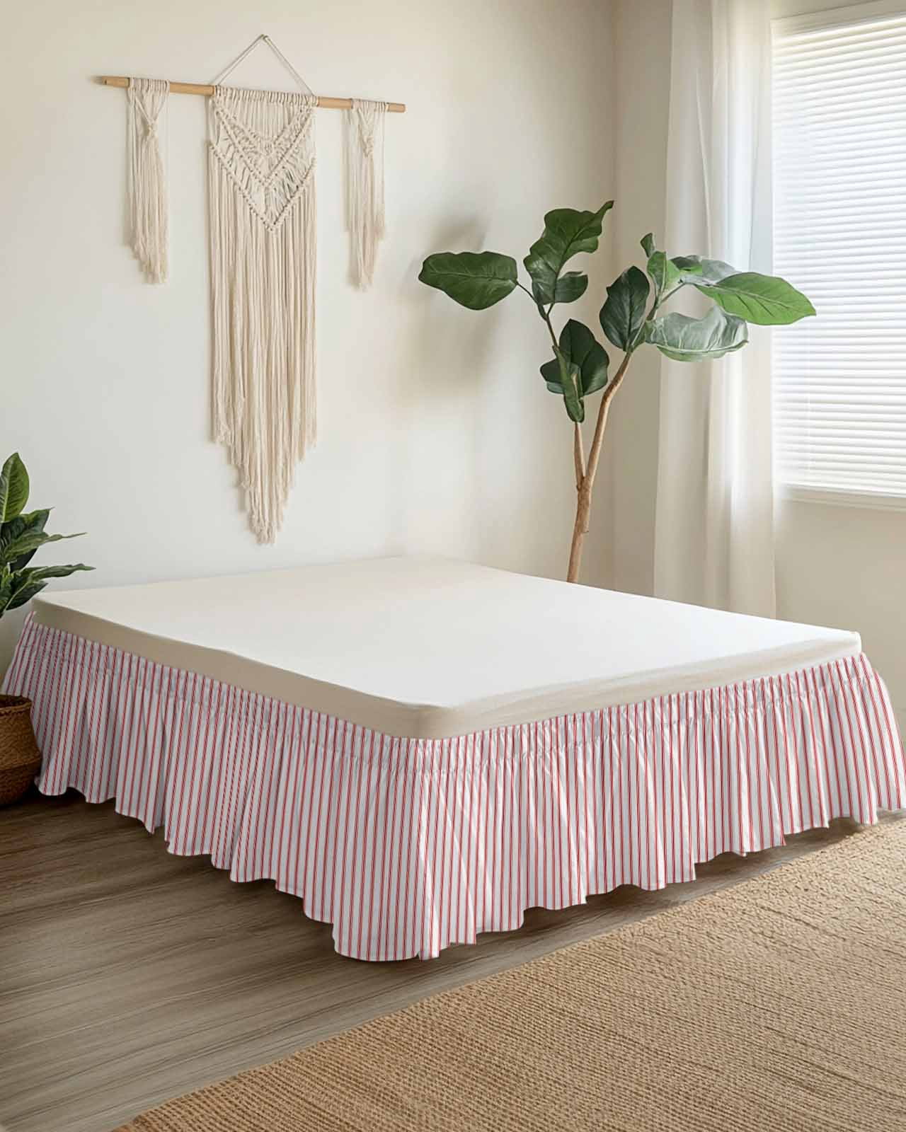 Stripes Bed Skirt Queen Size 16 Inch Drop, Modern Art Red Beige Adjustable Elastic Dust Ruffles Bedskirt for Queen Bed Wrap Around Pleated Mattress Frame Cover