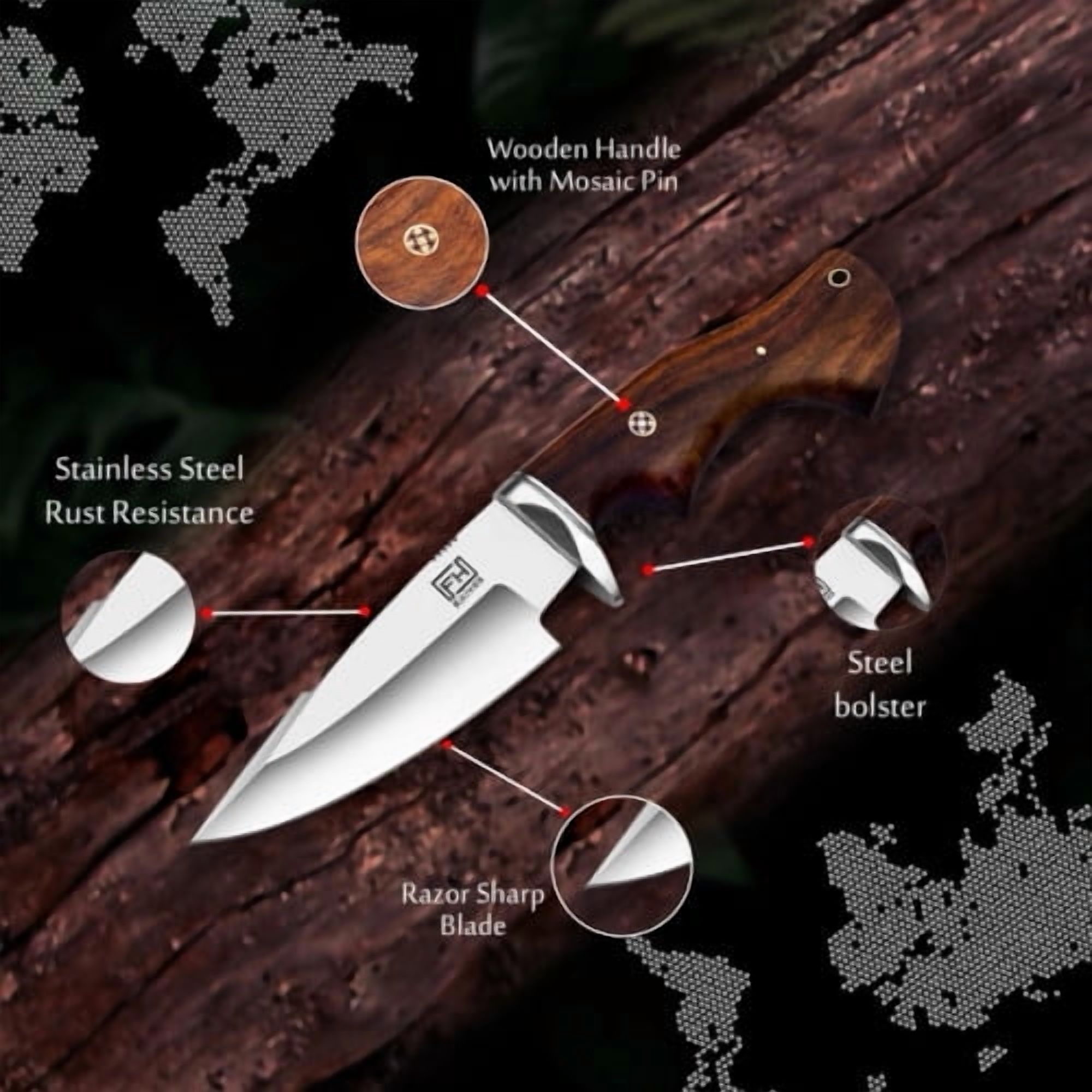 Stainless steel knife 10' , leather sheath, Camping, Fishing, Hunting -FH Knives