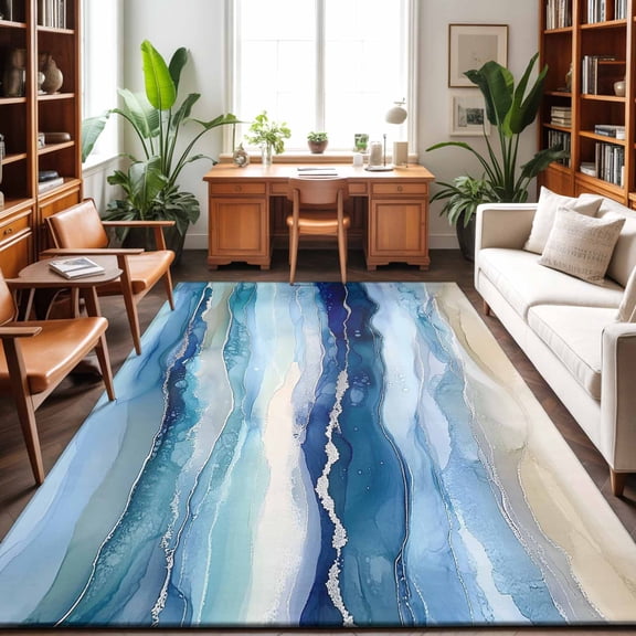 Large Area Rugs 5'x8', Navy Blue Coastal Beach Carpet Runner Indoor Outdoor Rugs Home Decor Aesthetic, Summer Nautical Abstract Ombre Art Non Slip Mats Washable Accent Rug for Living Room Bedroom